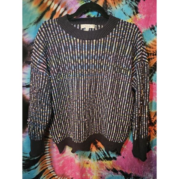 90s Susan Betrd Weekend Navy Yellow Pink Textured Stretch Sweater Size L/XL - Picture 3 of 8